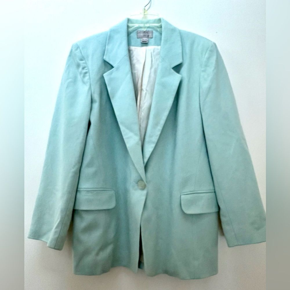Vintage Ladies Nordstrom Mint Green Lined Merino Wool Blazer Size Petite M USA